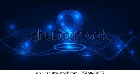 Vector illustrations of futuristic location icon pin on mesh wave form.Business strategy and digital communication concepts.