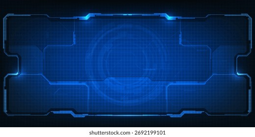 Vektorgrafiken der futuristischen Bildschirmanzeige für horizontale Layoutpräsentation mit optischem Bildschirm und digitalem Element Rasterlinienschaltungsdekor.Zukünftige digitale Innovationen und Technologiekonzepte.	