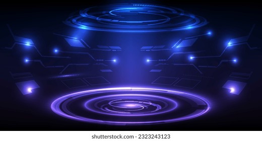 Vector illustrations of futuristic stage layout for showcase with digital element around for product advertising and game artwork.
