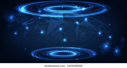 Vektorgrafiken des futuristischen Bühnenlayouts für Präsentationen mit digitalem Element rund um Produktwerbung und Spielkunst.