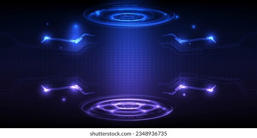 Vector illustrations of futuristic stage platform with digital element around.Digital technology artwork.