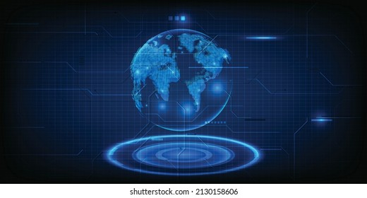 Vector illustrations of futuristic technology blue digital hologram earth  on glowing pedestal tech platform.Future tech design concepts.