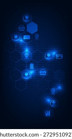 Vector illustrations of futuristic technology vertical background with set of online marketing icons.Online marketing and strategy concepts.