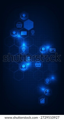 Vector illustrations of futuristic technology vertical background with set of online marketing icons.Online marketing and strategy concepts.