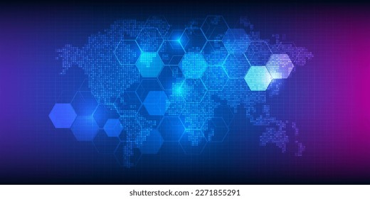 Vektorgrafiken von Futuristic world kartieren digitale Kommunikation und Online-Geschäftsstrategie. Zukunftsorientierte Technologiekonzepte.