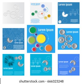 Vector illustrations of gears with on the blue and white backgrounds. Set of Infographic vector templates