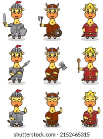 Vector illustrations of Giraffe characters in various medieval outfits. King, viking and knight costume. Vector illustration bundle