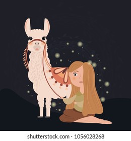 Vector illustrations with girl and lama. Cartoon poster for children's holidays, design and illustrations for books. Editable vector illustration