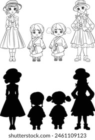 Vector illustrations of girls in vintage clothing
