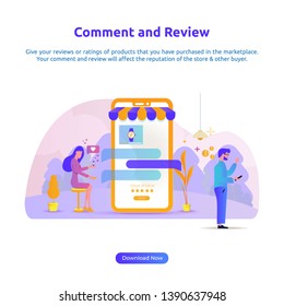 Vector illustrations of giving comments and reviews or ratings after buying products on e-commerce, online shop or online store marketplace