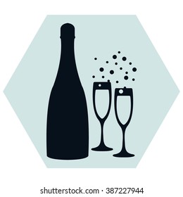 vector illustrations glasses of champagne with bottle