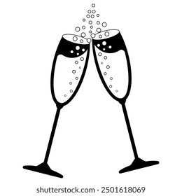 vector illustrations glasses of champagne with bubbles black and white