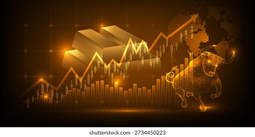 Vector illustrations of global economics with gold bull market and increase graph uptrend artwork and background financial and investment.