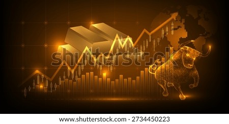 Vector illustrations of global economics with gold bull market and increase graph uptrend artwork and background financial and investment.