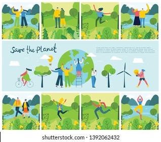 Vector illustrations with a globe and activists people around, in the flat style. Concept of day of the Earth, save the planet, save energy