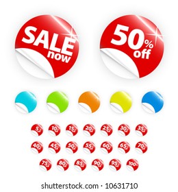 Vector illustrations of glossy/shiny retail icons with peel gradient effect with discount percentages from 5 to 100 + a "sale now" element. In six different colors.