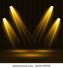 Ilustraciones vectoriales de rayos brillantes de luz dorada sobre fondos oscuros. Incluye podios, alfombras rojas e iluminación teatral cálida para maquetas de productos realistas, ceremonias o espectáculos de música.
