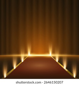 Vektorgrafiken mit leuchtenden goldenen Lichtstrahlen auf dunklem Bühnenhintergrund. Mit Podien, roten Teppichen und warmer Theaterbeleuchtung für realistische Produktbeschreibungen, Zeremonien oder Musikshows.