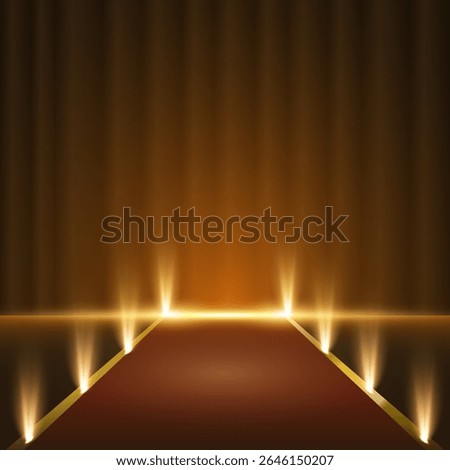 Vector illustrations of glowing golden light rays on dark stage backgrounds. Includes podiums, red carpets and warm theatrical lighting for realistic product mockups, ceremonies, or music shows.