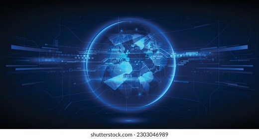 Vector illustrations of glowing hi tech globe with futuristic digital circuit line and glowing dots.Future tech and digital innovation technology design concepts.