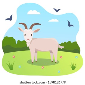 Vector illustrations of a goat in cartoon style with the nature background with forest, sky, birds and flowers.