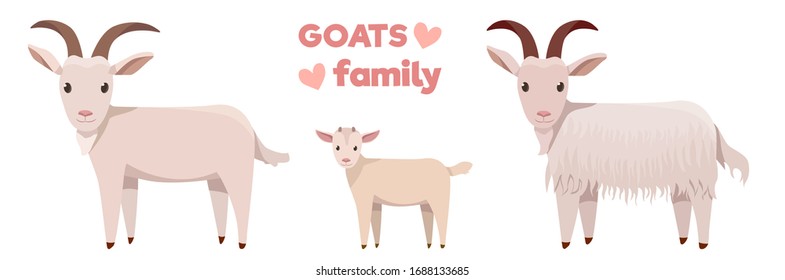 Vector illustrations of goats family isolated on a white background in cartoon style.