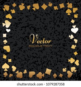 Vector illustrations of Golden symbols playing cards on a black abstract background.