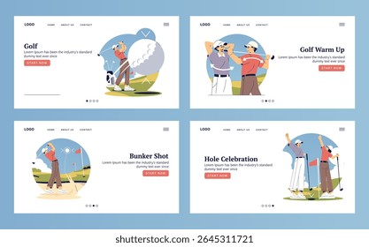 Ilustrações vetoriais de cenas de golfe. Inclui jogadores praticando balanços, aquecendo-se, fazendo tiros de bunker, e comemorando perto do buraco, enfatizando movimentos atléticos e interação.