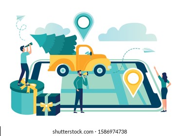 Vector illustrations, GPS system, cartographic display, location on a city map, navigation on a smartphone and tablet, the path of a car with a Christmas tree delivered to its destination