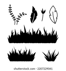 Vector illustrations of grass silhouettes, branches and leaves set. Hand drawn black floral elements for wedding, greeting cards. Vintage botanical design elements.