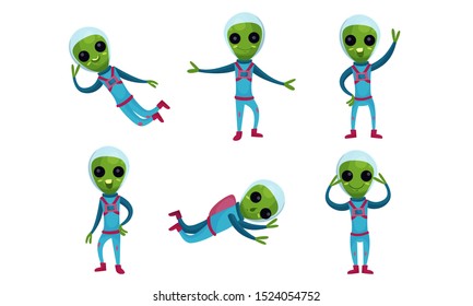 Vector Illustrations With Green Aliens In Spacesuits Set Of Cartoon Characters