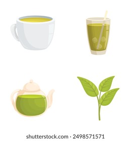 Vector illustrations of green tea in various forms  cup, glass, pot, and leaves