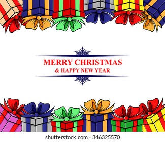 Vector illustrations of greeting card with cartoon borders gifts