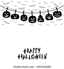 Vector illustrations of greeting card of Halloween pumpkins hanging on a clothespin rope