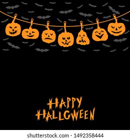 Vector illustrations of greeting card of Halloween pumpkins hanging on a clothespin rope on black background