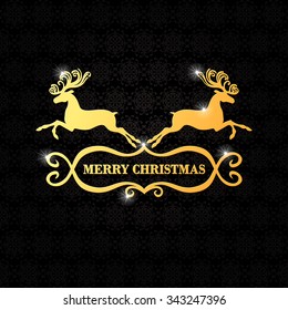 Vector illustrations of greeting card with two deer and decorative Merry Christmas congratulations on dark background