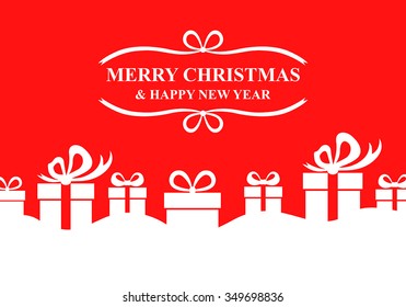 Vector illustrations of greeting Christmas card with gifts on red background