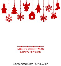 Vector illustrations of greeting Christmas card red decorated baubles on white background