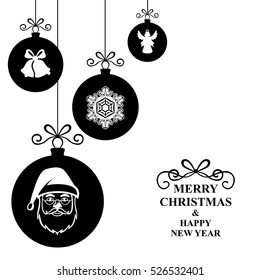 Vector illustrations of greeting Christmas card with hang decorative black balls on white background