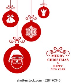 Vector illustrations of greeting Christmas card with hang decorative red balls on white background