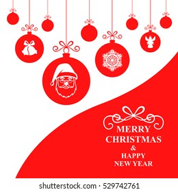 Vector illustrations of greeting Christmas card with hang decorative red balls on white background