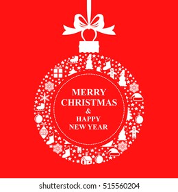 Vector illustrations of greeting Christmas white ball card on red background