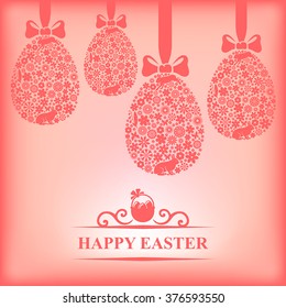 Vector illustrations of greeting Easter card with hanging decorative eggs on gentle pink background


