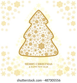 Vector illustrations of greeting golden Christmas card with snowflakes fir