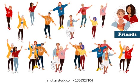 Vector illustrations, group of smiling friends standing together. Set Fashion teenage boys and girls embracing each other. Happy people isolated on white background. Detalized cartoon