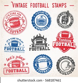 Vector illustrations of grunge and ruined american football logos, badges and insignias