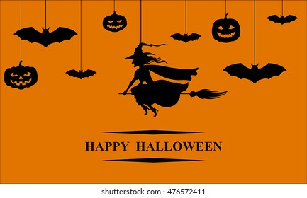 Vector illustrations of Halloween banner with black silhouette witch, pumpkins and bats hanging on orange background