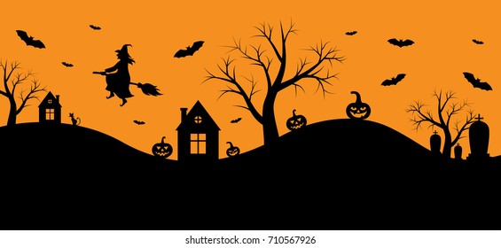 Vector illustrations of Halloween banner with witch on night