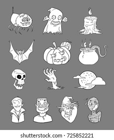 Vector illustrations for halloween in black and white. Cute and stylized cartoons, great for kids content.