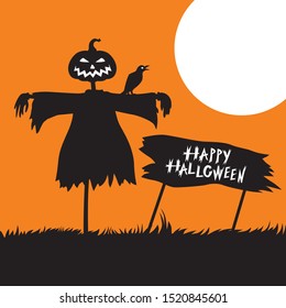 Vector illustrations of Halloween card with scarecrow and greeting sign